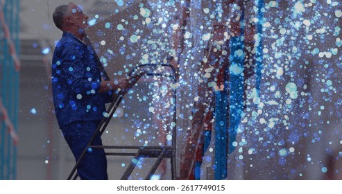 Image of falling glowing dots over caucasian male warehouse worker. Global science, connections, data processing and digital interface concept digitally generated image. - Powered by Shutterstock - Get 15% off with code: PIKWIZARD15
