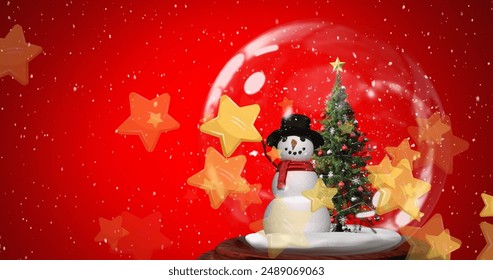 Image of falling golden stars and snowing globe over red background. Christmas, tradition and celebration concept digital generated image. - Powered by Shutterstock