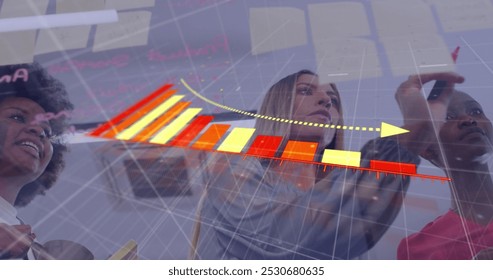 Image of falling graph, low angle view of diverse coworkers discussing strategy on sticky notes. Digital composite, multiple exposure, report, business, loss, planning and teamwork concept. - Powered by Shutterstock