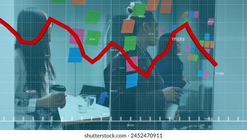 Image of falling graph over diverse coworkers discussing strategy on sticky notes in office. Digital composite, multiple exposure, report, business, loss, reduction, planning and teamwork concept. - Powered by Shutterstock