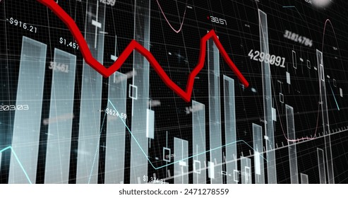 Image of falling graph over increasing numbers and multiple graphs against black background. Digitally generated, hologram, loss, reduction, progress, report, finance and business concept.