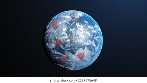 Image of falling hearts over spinning globe. Global business, finances, digital interface and connections concept digitally generated image.