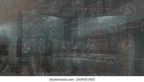 Image of falling icons over data processing on dark background. Global science, connections, data processing and digital interface concept digitally generated image.