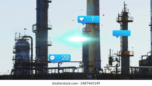 Image of falling icons over refinery. Global business, finances, data processing and digital interface concept digitally generated image.