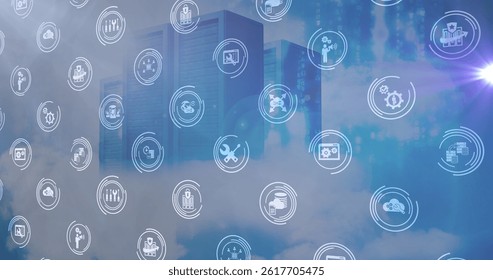 Image of falling icons over server room. global connections, data processing and technology concept digitally generated image.
