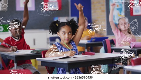 Image of falling multiple back to school icons over diverse group of students. Learning and education concept digitally generated image.