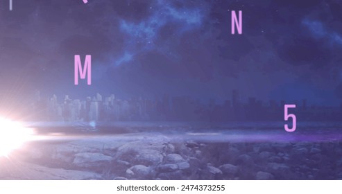 Image of falling numbers and letters over cityscape. global business, finances, digital interface and connections concept digitally generated image.