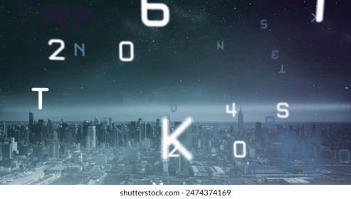 Image of falling numbers and letters over cityscape. global business, finances, digital interface and connections concept digitally generated image. - Powered by Shutterstock - Get 15% off with code: PIKWIZARD15