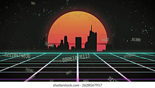Image of falling numbers over grid and cityacape. global connections, data processing and digital interface concept digitally generated image.