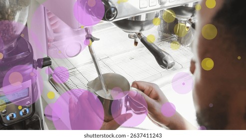 Image of falling purple dots over barista making coffee. Global business, finances, data processing and digital interface concept digitally generated image.