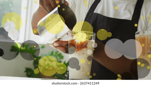 Image of falling purple dots over barista making coffee. Global business, finances, data processing and digital interface concept digitally generated image.