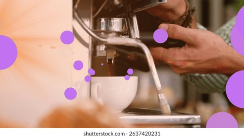 Image of falling purple dots over barista making coffee. Global business, finances, data processing and digital interface concept digitally generated image.