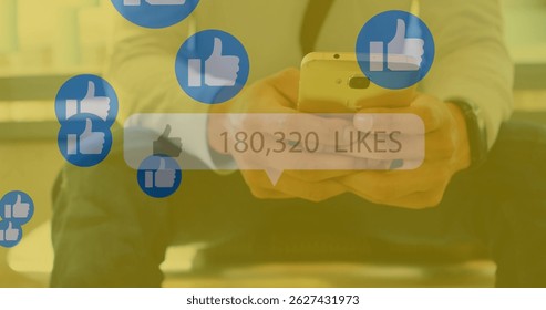Image of falling social media icons over men using smartphone. Global social media, connections, data processing and digital interface concept digitally generated image.