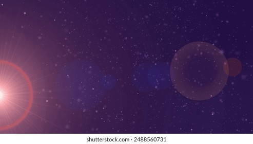 Image of falling white lights over red and blue bokeh spotlights on dark background. Connection, light, energy, data, processing and communication, digitally generated image.
