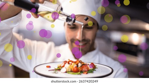 Image of falling yellow and purple dots over cook. Global business, finances, data processing and digital interface concept digitally generated image.