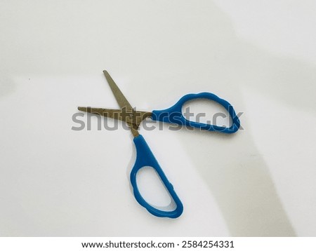 The image features a blue scissors with sharp stainless steel blades and an ergonomic handle for comfortable use