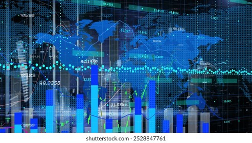 The image features a blue world map with various data points, a graph, and statistics on a colorful background. The image is a digitally generated image that shows the global finances and statistics - Powered by Shutterstock - Get 15% off with code: PIKWIZARD15