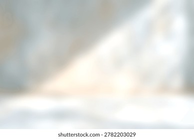 The image features bright sunlight streaming through a window, casting patterns of light and shadow on a textured wall and floor inside a minimal, tranquil room with natural illumination.