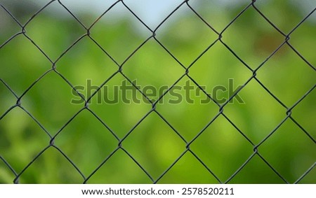 The image features a close-up of a leaf against a green blurred background. In the backdrop, there is an iron steel net mesh wall that includes elements such as wire fencing and chain-link fencing.