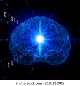 The image features a digital representation of a brain, glowing in blue, surrounded by streams of binary code (1s and 0s). The brain appears illuminated from the center, symbolizing intelligence, data