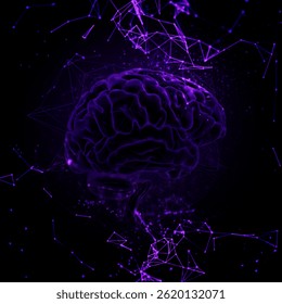 The image features a glowing purple digital representation of a human brain, surrounded by interconnected lines and nodes that resemble a neural network. The background is dark, making the illuminated - Powered by Shutterstock - Get 15% off with code: PIKWIZARD15