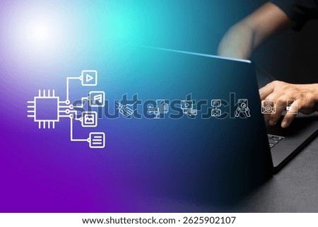 The image features hands typing on a laptop keyboard, symbolizing human interaction with digital technology.