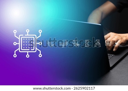 The image features hands typing on a laptop keyboard, symbolizing human interaction with digital technology.