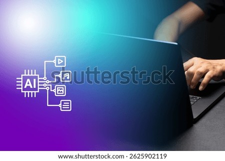 The image features hands typing on a laptop keyboard, symbolizing human interaction with digital technology.