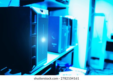 The image features a row of modern data servers placed on a shelf in a well-lit technology room, highlighting advanced digital infrastructure and data management equipment.