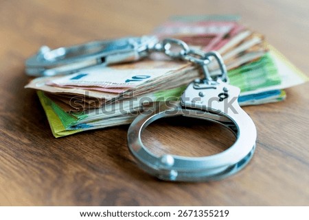 The image features a stack of Euro banknotes, placed beneath a pair of handcuffs on a wooden table. This combination symbolizes financial crime, such as money laundering, fraud