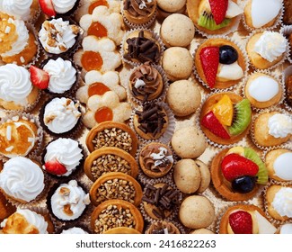 The image features a tray of assorted desserts, including baked goods and confectionery. The desserts appear to include items such as muffins, cupcakes, and petit fours, and are arranged for display. - Powered by Shutterstock