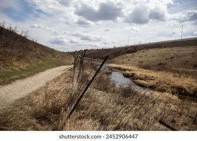 An image featuring a dirt path running alongside a small stream of water in a park, offering a peaceful and scenic walking trail.