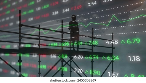 Image of female architect on scaffolding with financial data processing and statistics. global development, business, digital interface and data processing concept digitally generated image. - Powered by Shutterstock