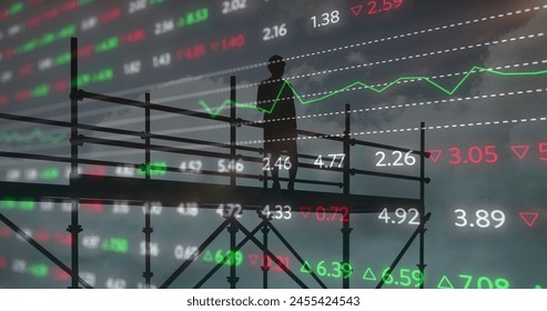 Image of female architect on scaffolding with financial data processing and statistics. global development, business, digital interface and data processing concept digitally generated image. - Powered by Shutterstock