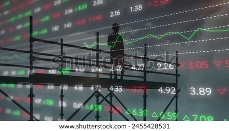 Image of female architect on scaffolding with financial data processing and statistics. global development, business, digital interface and data processing concept digitally generated image.