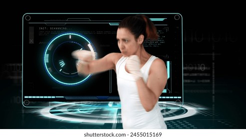 Image of female boxer with scope scanning and data processing. global sport, competition, technology, data processing and digital interface concept digitally generated image. - Powered by Shutterstock