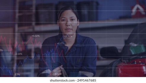 Image of female mechanic cleaning her hands with a cloth at a car service station over graphs. global shipping and connections concept digitally generated image. - Powered by Shutterstock