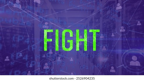 Image of fight text and network of connetcions with data processing over server room. Global technology, social media and digital interface concept digitally generated image.