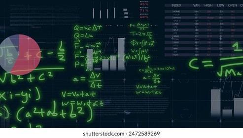 Image of finacial data processing with mathematical equation on black background. Business, finances, computing and digital interface concept digitally generated image.