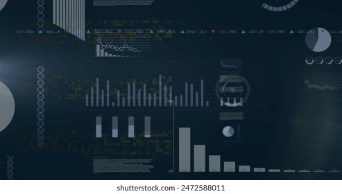 Image of finacial data processing on black background. Business, finances, computing and digital interface concept digitally generated image.