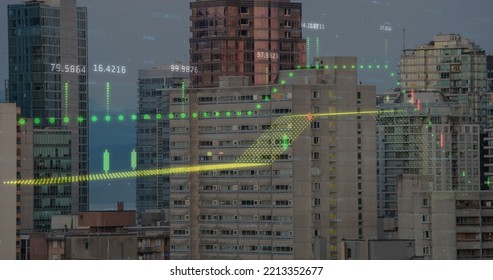 Image of finacial data processing over cityscape. Global business, finances, data processing and digital interface concept digitally generated image.