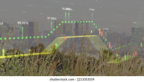 Image of finacial data processing over cityscape. Global business, finances, data processing and digital interface concept digitally generated image.