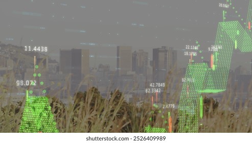 Image of finacial data processing over cityscape. Global business, finances, data processing and digital interface concept digitally generated image.