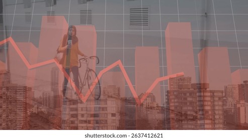 Image of finacial data processing over muslim women with bike cityscape. Global business, finances, data processing and digital interface concept digitally generated image.