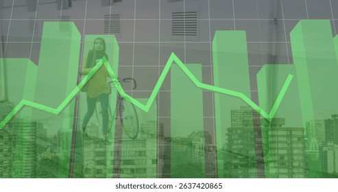 Image of finacial data processing over muslim women with bike cityscape. Global business, finances, data processing and digital interface concept digitally generated image.
