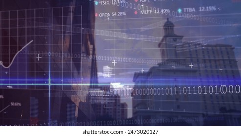 Image of financial data, binary code and graphs over city buildings. Global finance, economy and technology concept digitally generated image. - Powered by Shutterstock