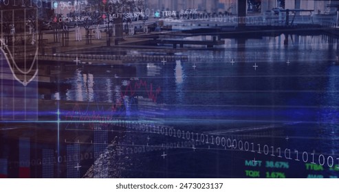 Image of financial data, binary code and graphs over city buildings. Global finance, economy and technology concept digitally generated image.