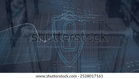 Image of financial data and digital padlock over shopping cart. Global crisis, food prices, finance and economy concept digitally generated image.