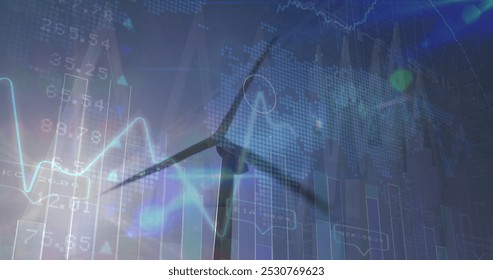 Image of financial data and graph over landscape with wind turbines. Ecology, green energy, eco power, finance and economy concept digitally generated image. - Powered by Shutterstock