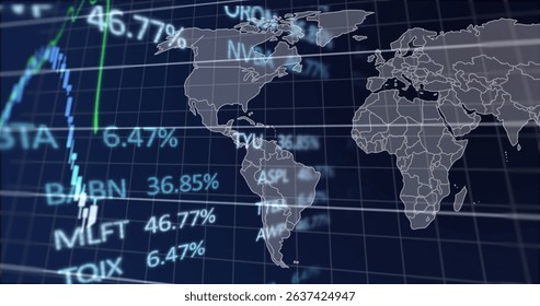 Image of financial data and graph over world map on navy background. Global finance, economy and technology concept digitally generated image. - Powered by Shutterstock - Get 15% off with code: PIKWIZARD15
